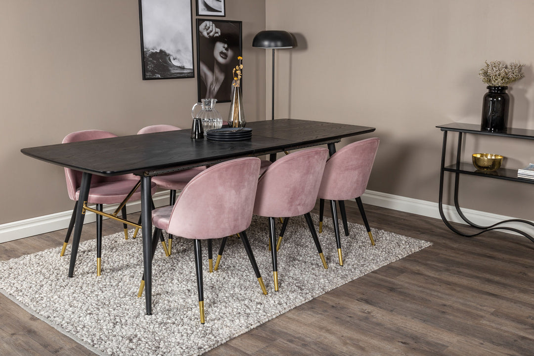 Venture Home Gold Extention table - 180/220*85*H76 Black Veneer - Black legs - Brass details+Velvet Dining Chair Brass - Pink / Black_6