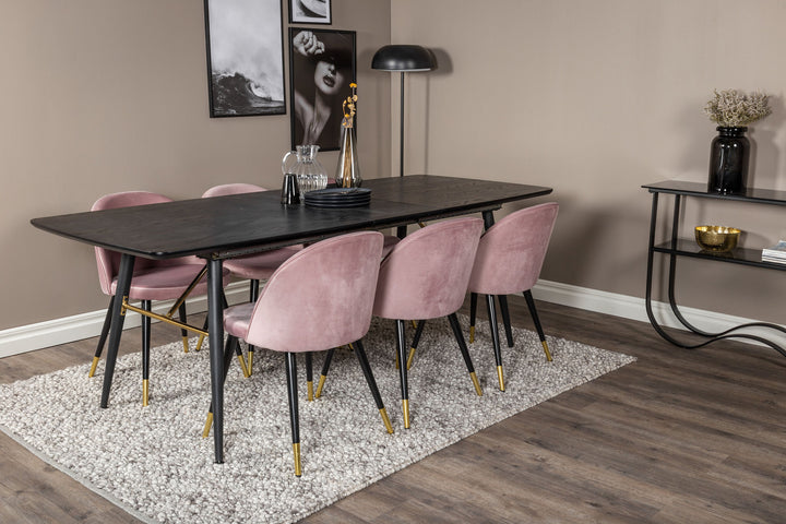Venture Home Gold Extention table - 180/220*85*H76 Black Veneer - Black legs - Brass details+Velvet Dining Chair Brass - Pink / Black_6