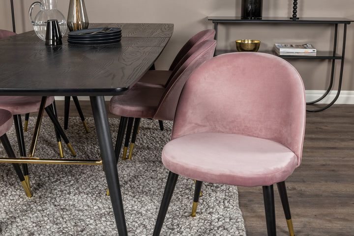 Venture Home Gold Extention table - 180/220*85*H76 Black Veneer - Black legs - Brass details+Velvet Dining Chair Brass - Pink / Black_6