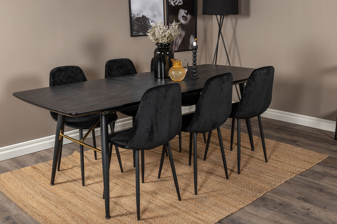 Venture Home Gold Extention table - 180/220*85*H76 Black Veneer - Black legs - Brass details+Polar Diamond Dining Chair - Black Legs - Black Velvet_6
