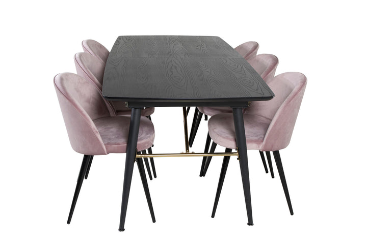 Venture Home Gold Extention table - 180/220*85*H76 Black Veneer - Black legs - Brass details+Velvet Dining Chair - Pink / Black_6