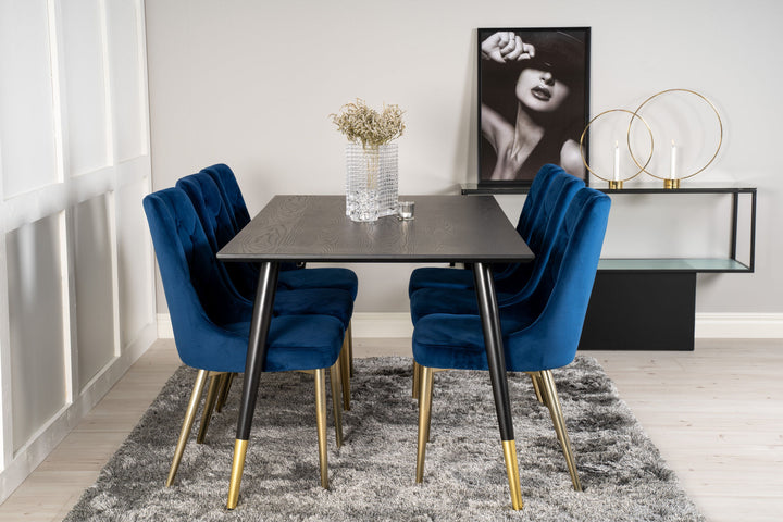Venture Home Dipp Dining Table - 180*90cm - Black Veneer / black legs w brass dipp - Velvet Deluxe Chair - Blue/Matt Brass Leg 6