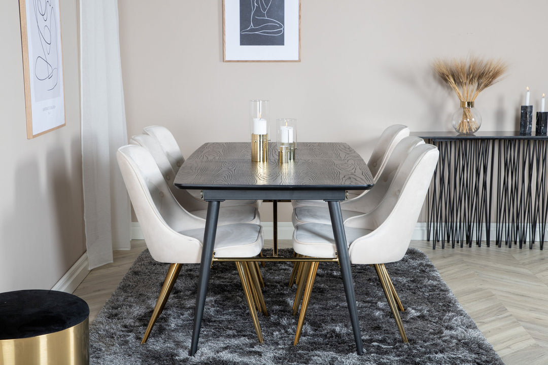 Venture Home Gold Extention table - 180/220*85*H76 Black Veneer - Black legs - Brass details+Velvet Deluxe Dining Chair - Beige / Brass_6