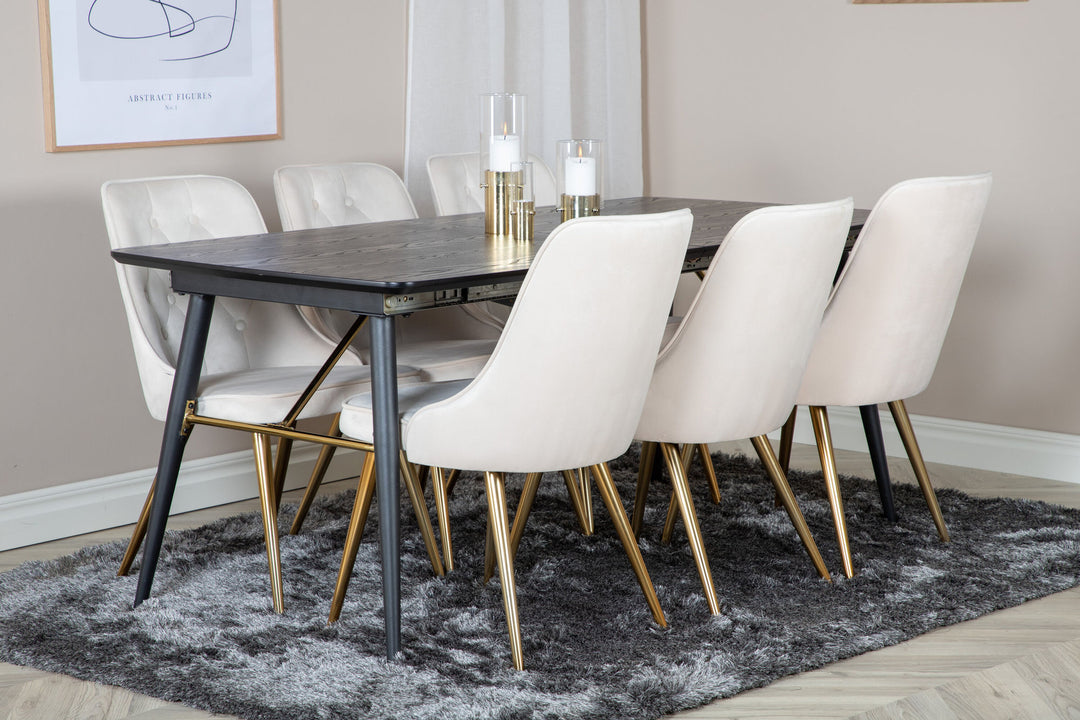 Venture Home Gold Extention table - 180/220*85*H76 Black Veneer - Black legs - Brass details+Velvet Deluxe Dining Chair - Beige / Brass_6