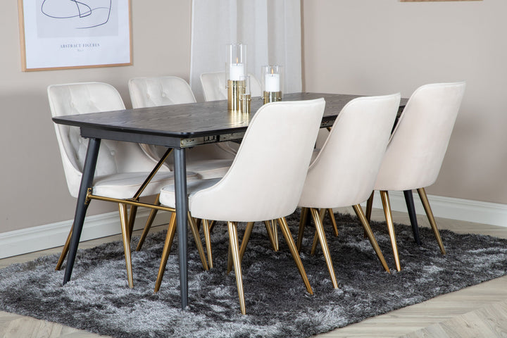 Venture Home Gold Extention table - 180/220*85*H76 Black Veneer - Black legs - Brass details+Velvet Deluxe Dining Chair - Beige / Brass_6