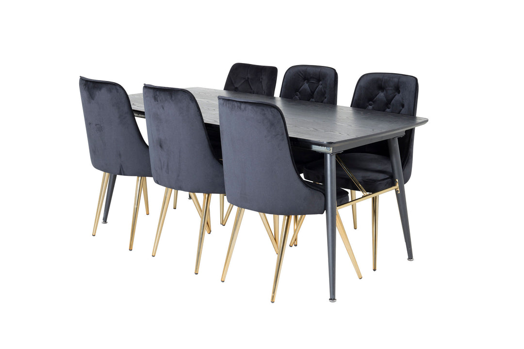 Venture Home Gold Extention table - 180/220*85*H76 Black Veneer - Black legs - Brass details+Velvet Deluxe Dining Chair - Black / Brass_6