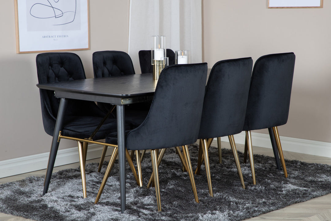 Venture Home Gold Extention table - 180/220*85*H76 Black Veneer - Black legs - Brass details+Velvet Deluxe Dining Chair - Black / Brass_6