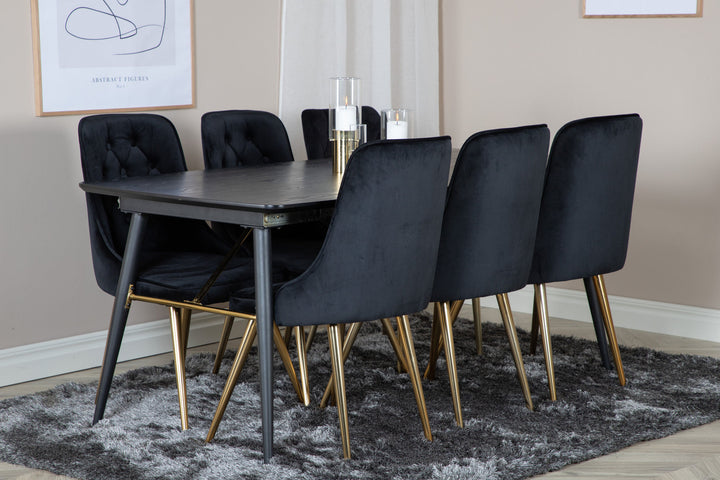Venture Home Gold Extention table - 180/220*85*H76 Black Veneer - Black legs - Brass details+Velvet Deluxe Dining Chair - Black / Brass_6