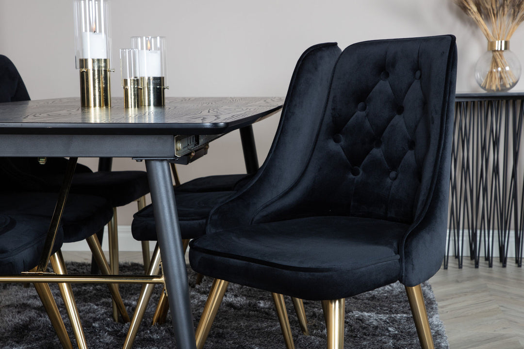 Venture Home Gold Extention table - 180/220*85*H76 Black Veneer - Black legs - Brass details+Velvet Deluxe Dining Chair - Black / Brass_6