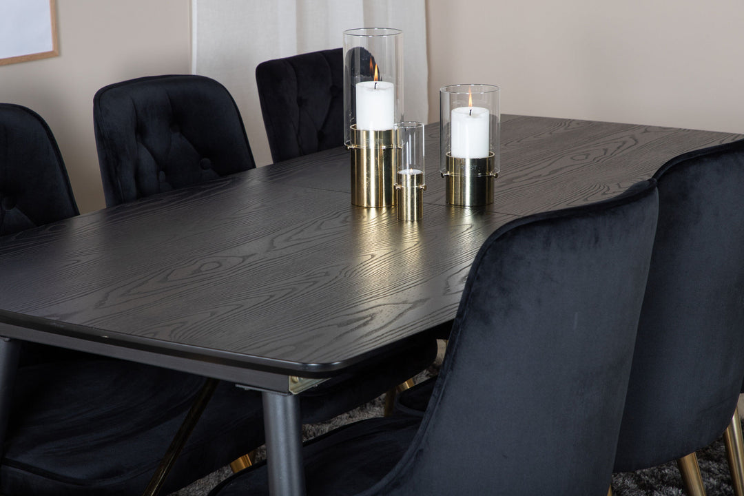 Venture Home Gold Extention table - 180/220*85*H76 Black Veneer - Black legs - Brass details+Velvet Deluxe Dining Chair - Black / Brass_6