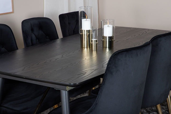 Venture Home Gold Extention table - 180/220*85*H76 Black Veneer - Black legs - Brass details+Velvet Deluxe Dining Chair - Black / Brass_6