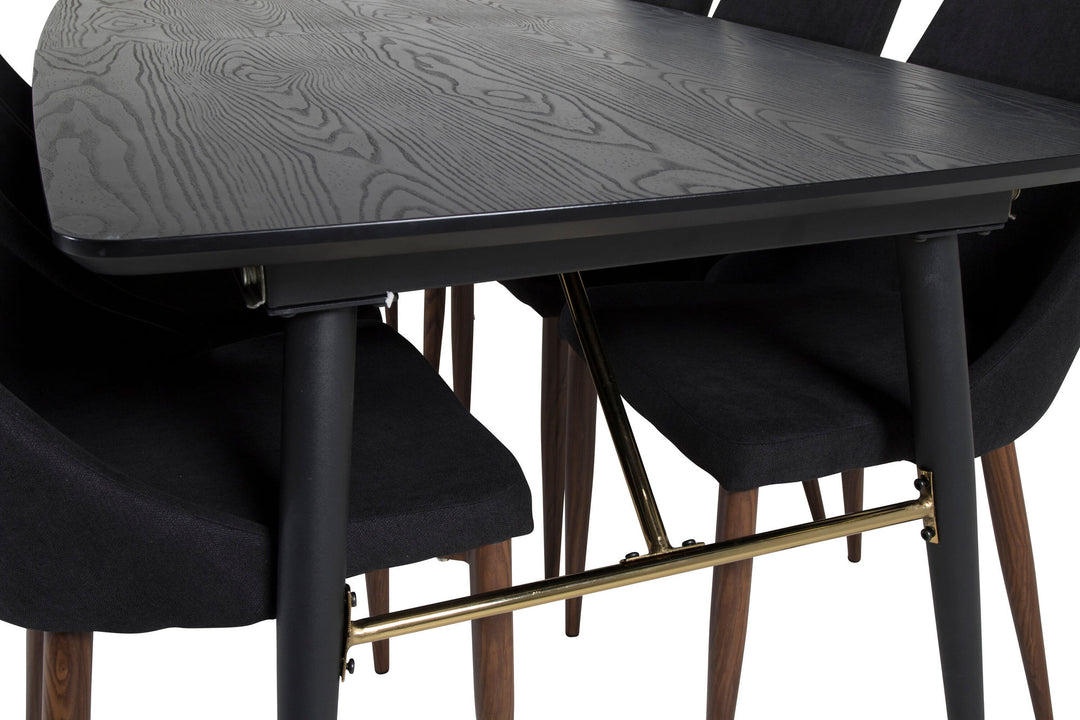 Venture Home Gold Extention table - 180/220*85*H76 Black Veneer - Black legs - Brass details+Leone Dining Chair - Walnut legs - Black Fabric_6