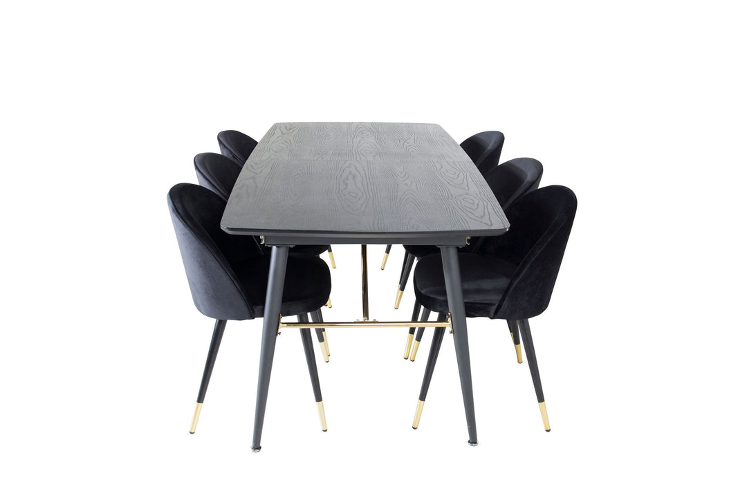 Venture Home Gold Extention table - 180/220*85*H76 Black Veneer - Black legs - Brass details+Velvet Dining Chair Brass - Black / Black_6