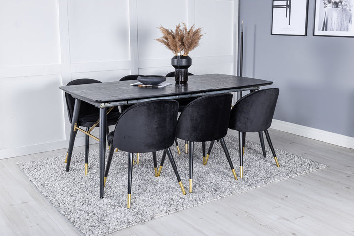 Venture Home Gold Extention table - 180/220*85*H76 Black Veneer - Black legs - Brass details+Velvet Dining Chair Brass - Black / Black_6