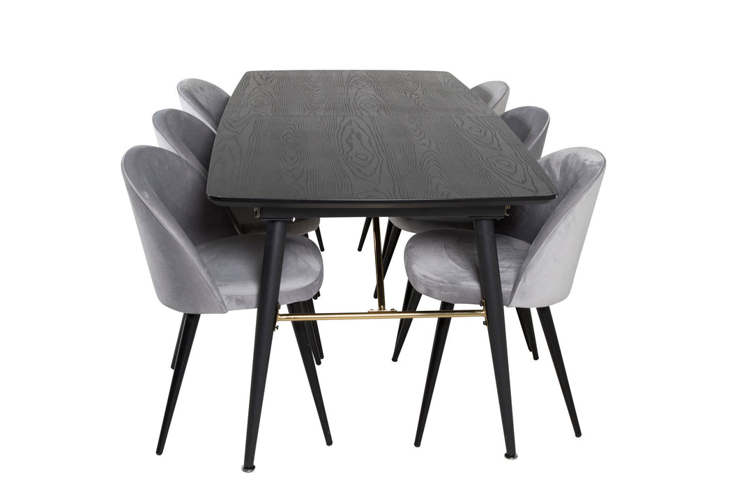 Venture Home Gold Extention table - 180/220*85*H76 Black Veneer - Black legs - Brass details+Velvet Dining Chair - Light Grey / Black_6