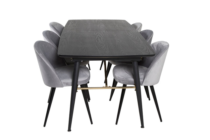 Venture Home Gold Extention table - 180/220*85*H76 Black Veneer - Black legs - Brass details+Velvet Dining Chair - Light Grey / Black_6