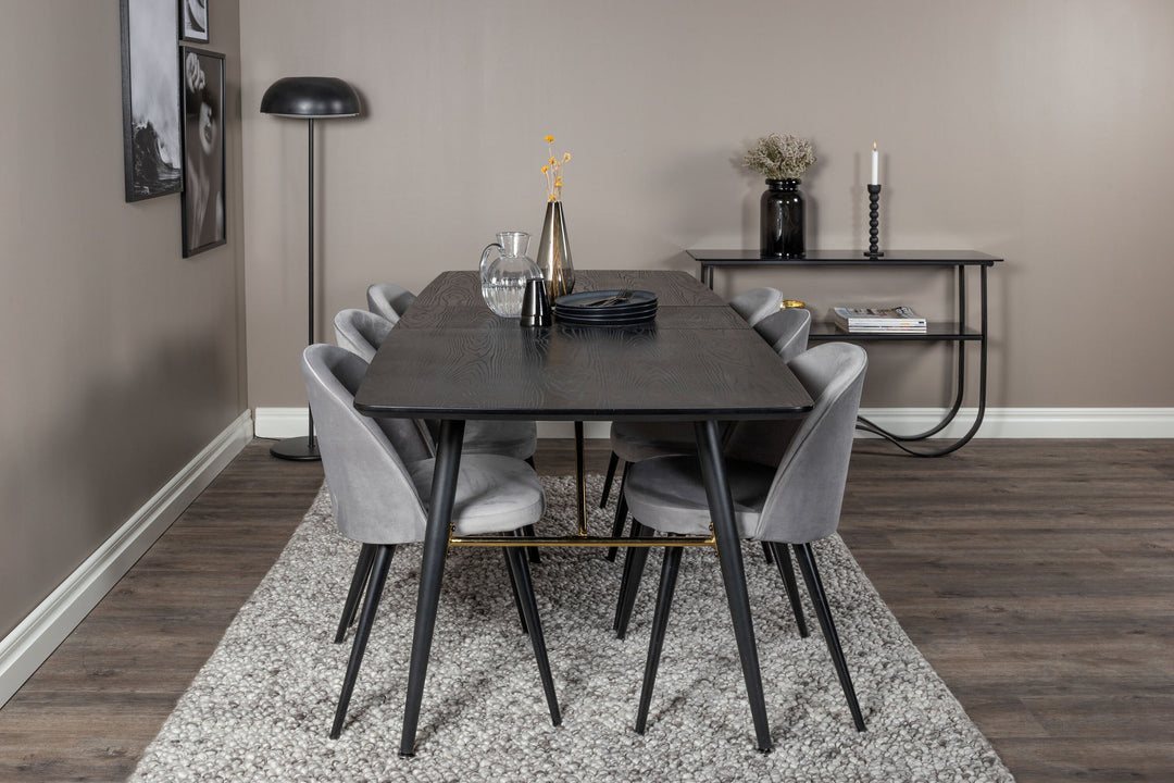 Venture Home Gold Extention table - 180/220*85*H76 Black Veneer - Black legs - Brass details+Velvet Dining Chair - Light Grey / Black_6