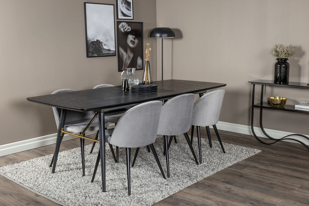 Venture Home Gold Extention table - 180/220*85*H76 Black Veneer - Black legs - Brass details+Velvet Dining Chair - Light Grey / Black_6