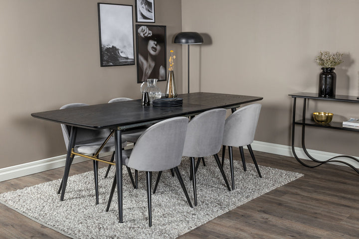 Venture Home Gold Extention table - 180/220*85*H76 Black Veneer - Black legs - Brass details+Velvet Dining Chair - Light Grey / Black_6