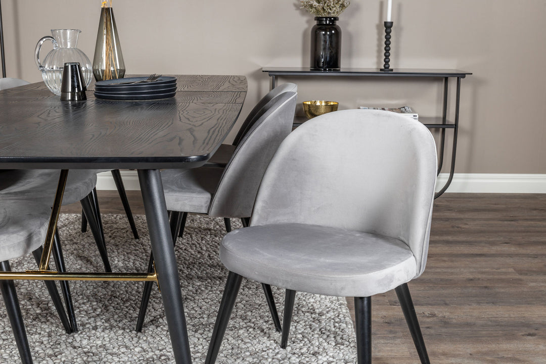 Venture Home Gold Extention table - 180/220*85*H76 Black Veneer - Black legs - Brass details+Velvet Dining Chair - Light Grey / Black_6