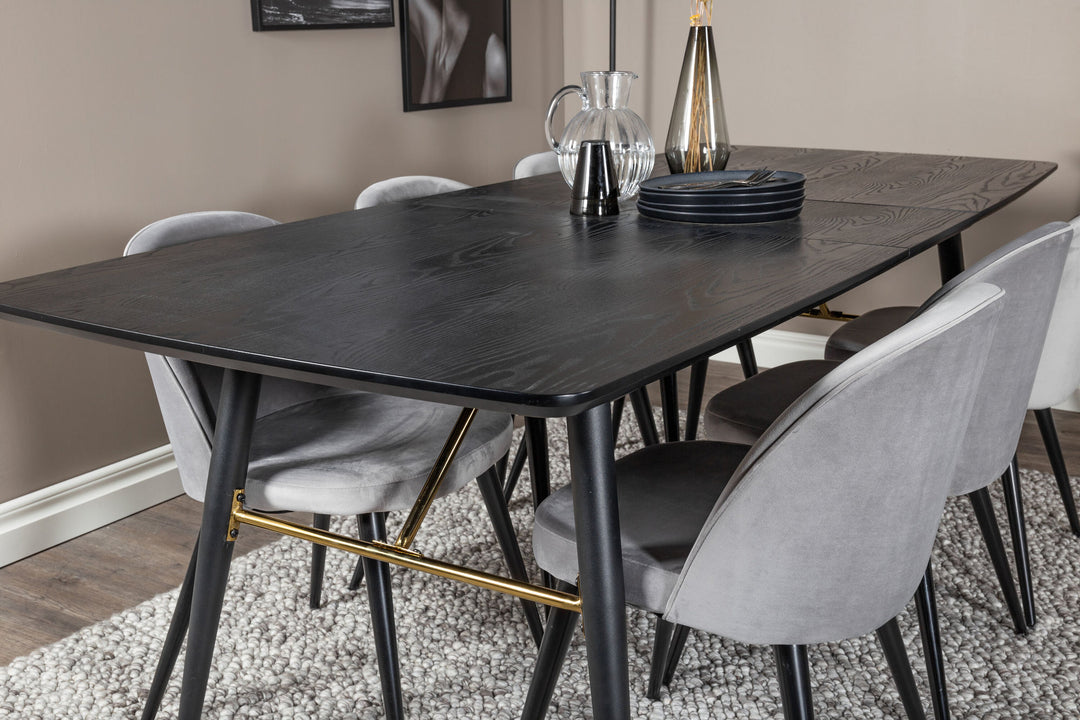 Venture Home Gold Extention table - 180/220*85*H76 Black Veneer - Black legs - Brass details+Velvet Dining Chair - Light Grey / Black_6