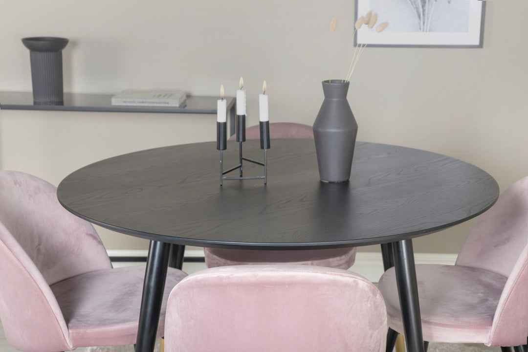 Venture Home Dipp Dining Table - 115cm - Black Veneer / black legs w brass dipp - Velvet Dining Chair Brass - Pink / Black 4