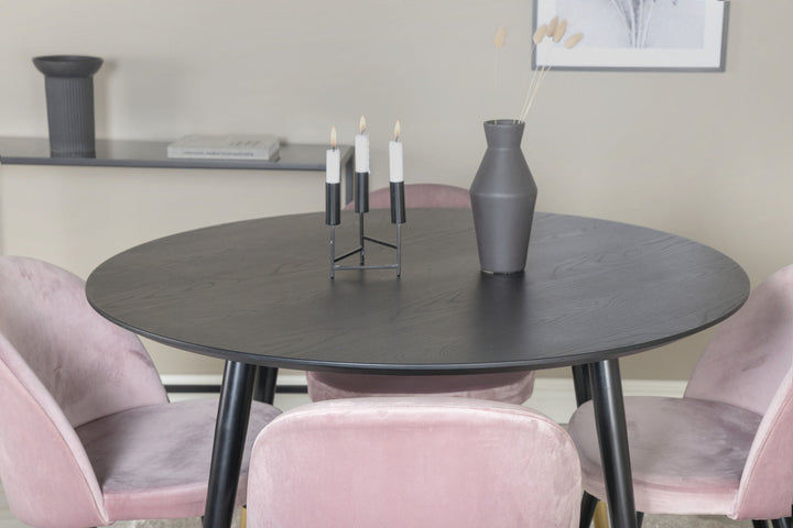 Venture Home Dipp Dining Table - 115cm - Black Veneer / black legs w brass dipp - Velvet Dining Chair Brass - Pink / Black 4
