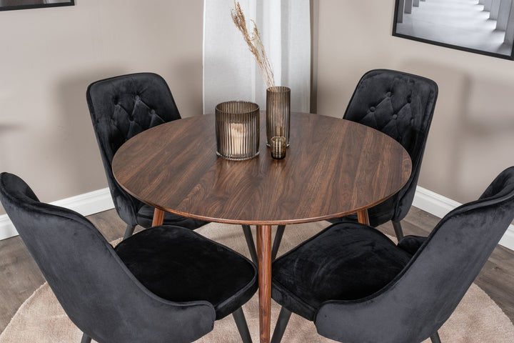 Venture Home Plaza Round table 100 cm - Walnut top - Walnut legs+Velvet Deluxe Dining Chair