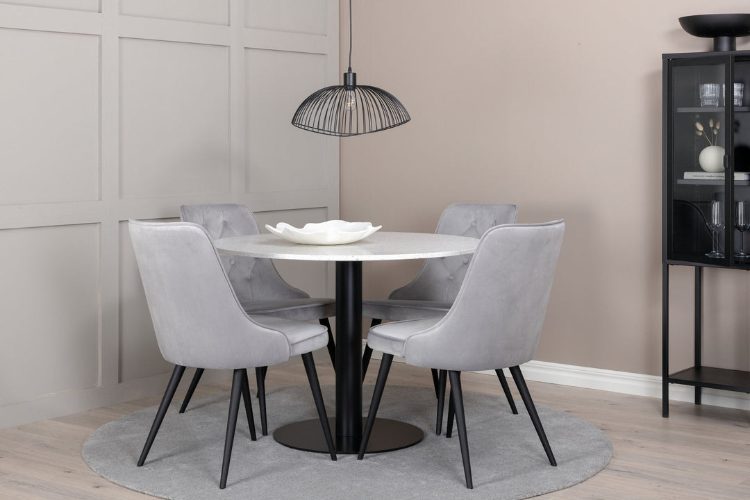 Venture Home Razzia Dining Table 106cm - White Terazzo / Black+Velvet Deluxe Dining Chair - Black legs / Light Grey velvet_4