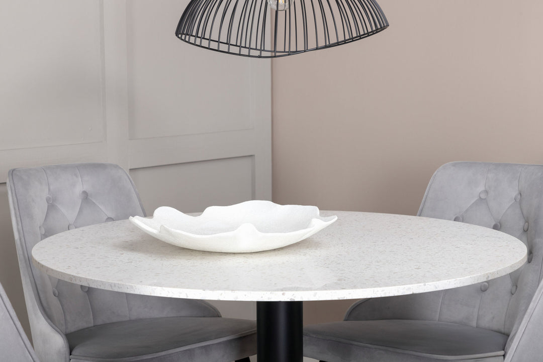 Venture Home Razzia Dining Table 106cm - White Terazzo / Black+Velvet Deluxe Dining Chair - Black legs / Light Grey velvet_4
