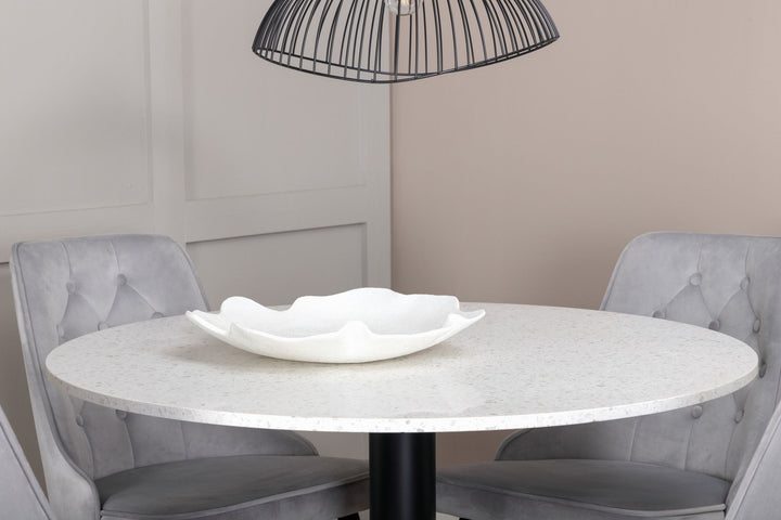 Venture Home Razzia Dining Table 106cm - White Terazzo / Black+Velvet Deluxe Dining Chair - Black legs / Light Grey velvet_4