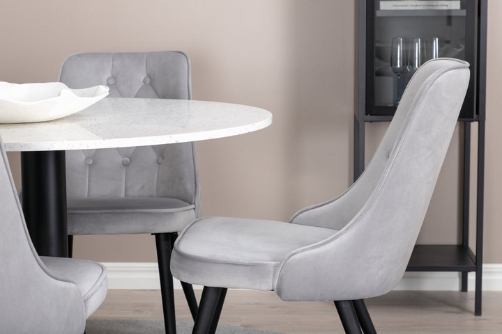 Venture Home Razzia Dining Table 106cm - White Terazzo / Black+Velvet Deluxe Dining Chair - Black legs / Light Grey velvet_4