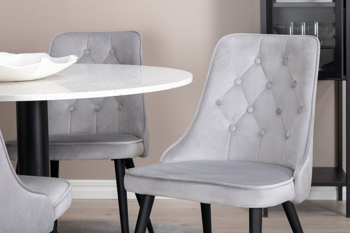 Venture Home Razzia Dining Table 106cm - White Terazzo / Black+Velvet Deluxe Dining Chair - Black legs / Light Grey velvet_4