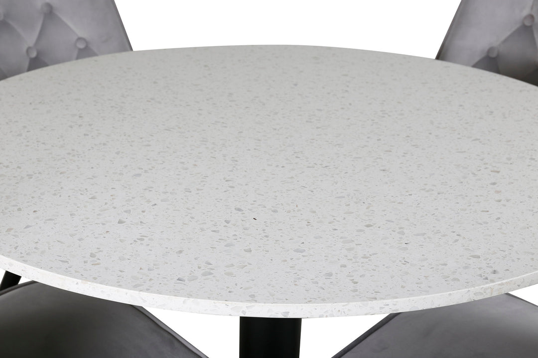Venture Home Razzia Dining Table 106cm - White Terazzo / Black+Velvet Deluxe Dining Chair - Black legs / Light Grey velvet_4