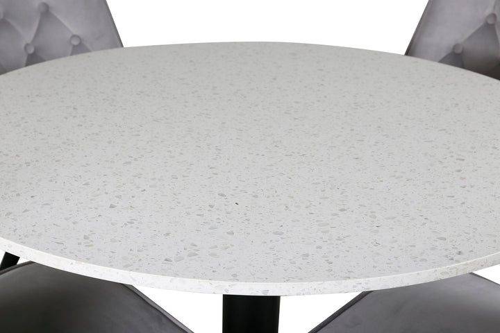 Venture Home Razzia Dining Table 106cm - White Terazzo / Black+Velvet Deluxe Dining Chair - Black legs / Light Grey velvet_4