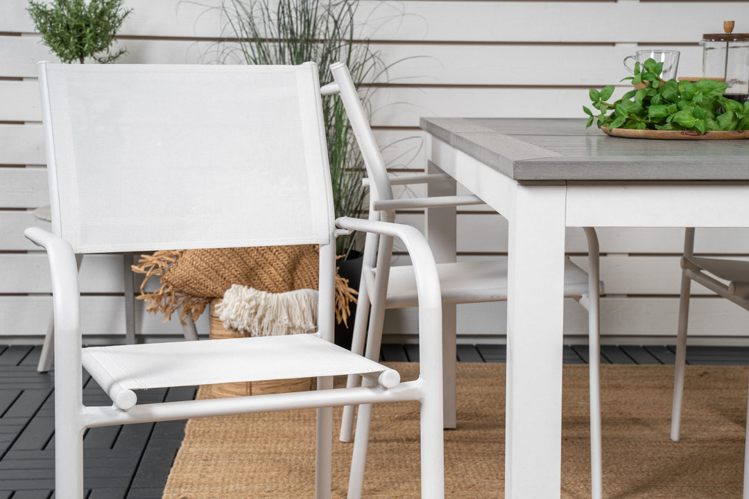 Venture Home Albany Dining Table 152/210*90 - White Alu / Grey Aintwood+Santorini Arm Chair (Stackable) - White Alu / White Textilene_4