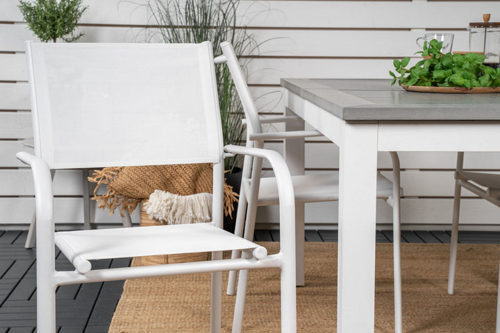 Venture Home Albany Dining Table 152/210*90 - White Alu / Grey Aintwood+Santorini Arm Chair (Stackable) - White Alu / White Textilene_4