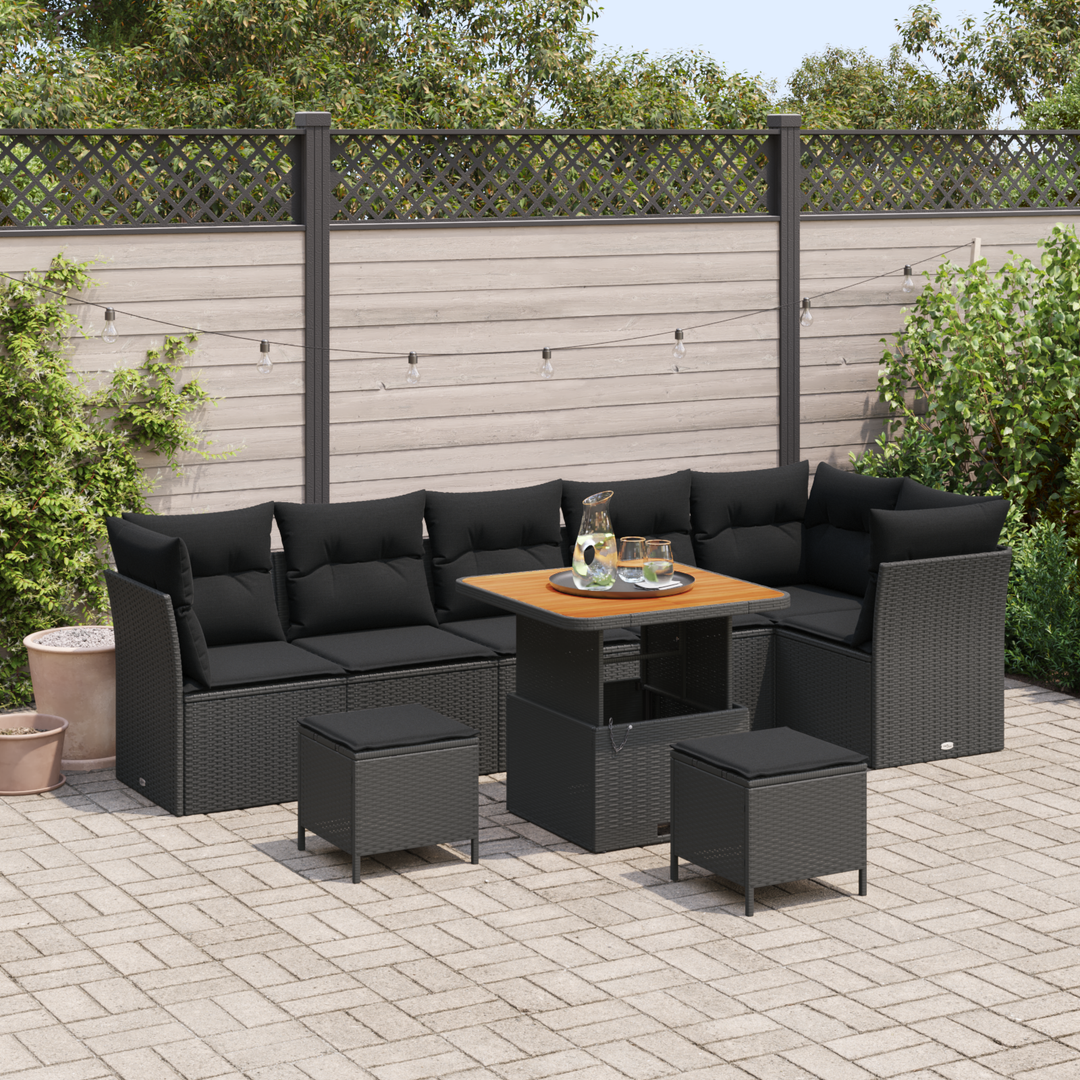Havesofa Sæt 9 pcs Sort Poly rattan og pulverlakeret stål