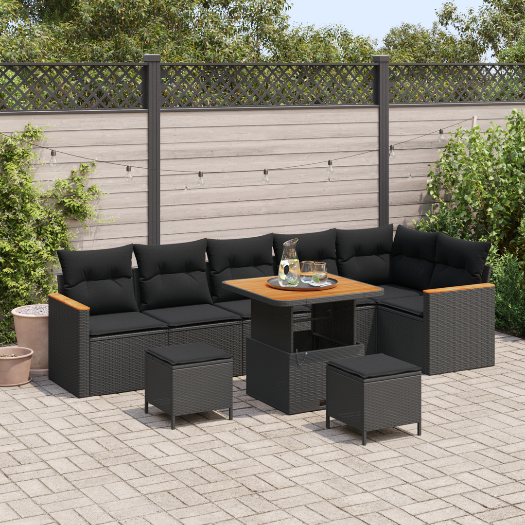 Havesofa Sæt med pude 9 pcs Sort Poly rattan