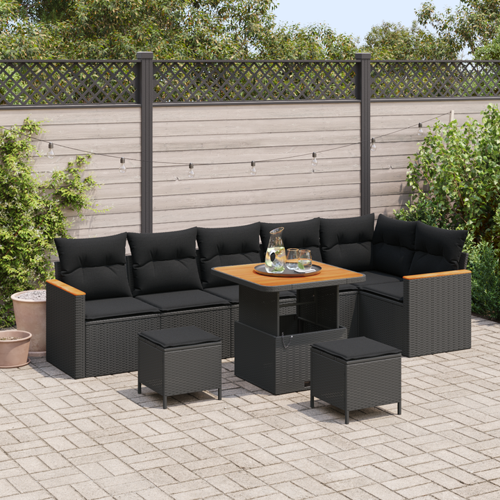 Havesofa Sæt med pude 9 pcs Sort Poly rattan