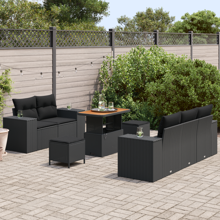 Havesofa Sæt med pude med opbevaring 8 pcs Sort Poly Rattan