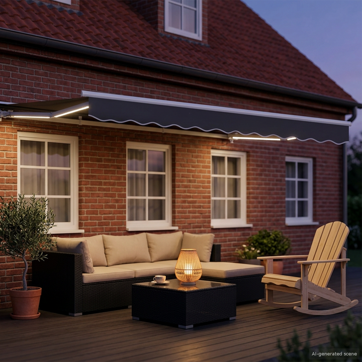 Manuel markise-ramme med LED-lys Hvid og antracit 3 x 2 m