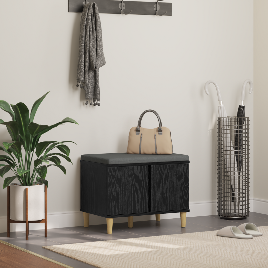 Hallbænk med pude Sort Eg 60 x 38 x 46 cm Kunstigt træ og stof
