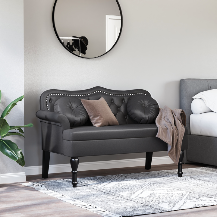 Chesterfield bænk med pude Sort 120.5 x 65 x 75 cm Faux læder
