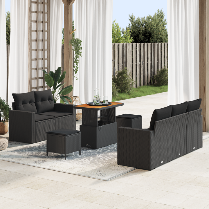 Havesofa Sæt med pude 8 pcs Sort polyrattan
