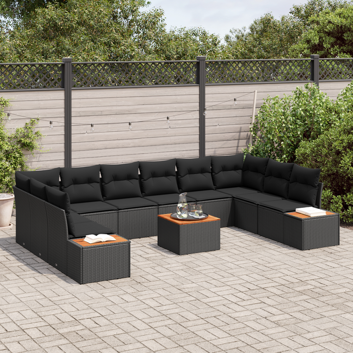 Havesofa Sæt med pude med opbevaring 10 pcs Sort Polyrattan
