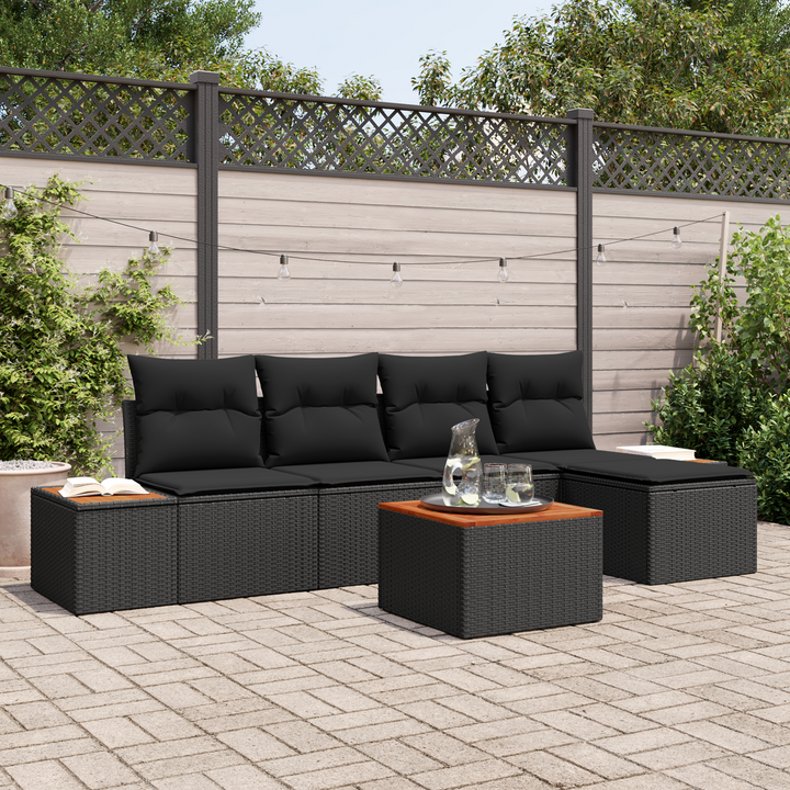 Havesofa Sæt med pude med opbevaring 6 pcs Sort Polyrattan
