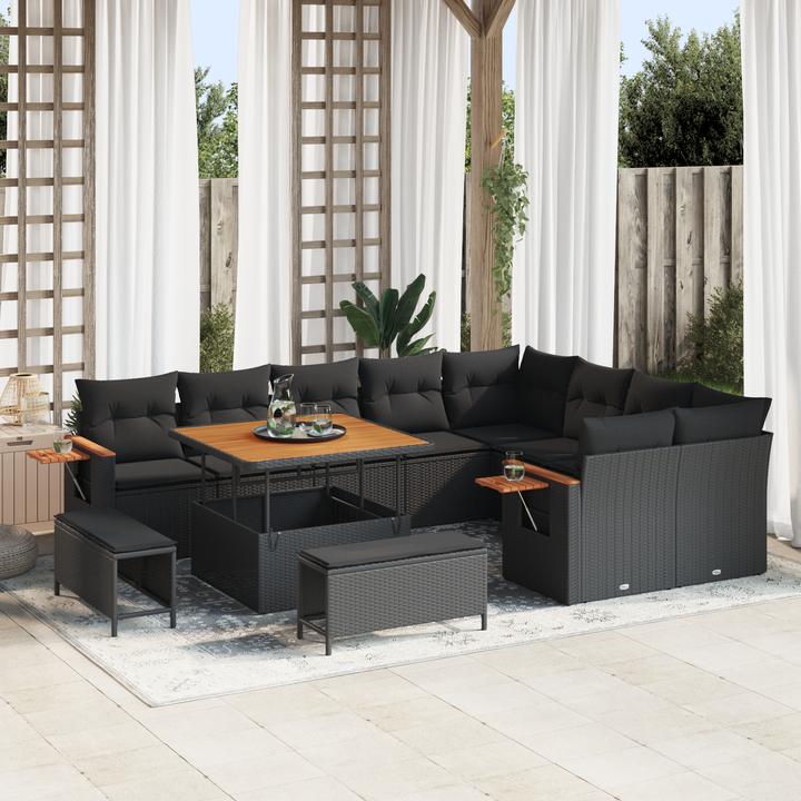 Havesofa Sæt med pude 13 pcs Sort polyrattan