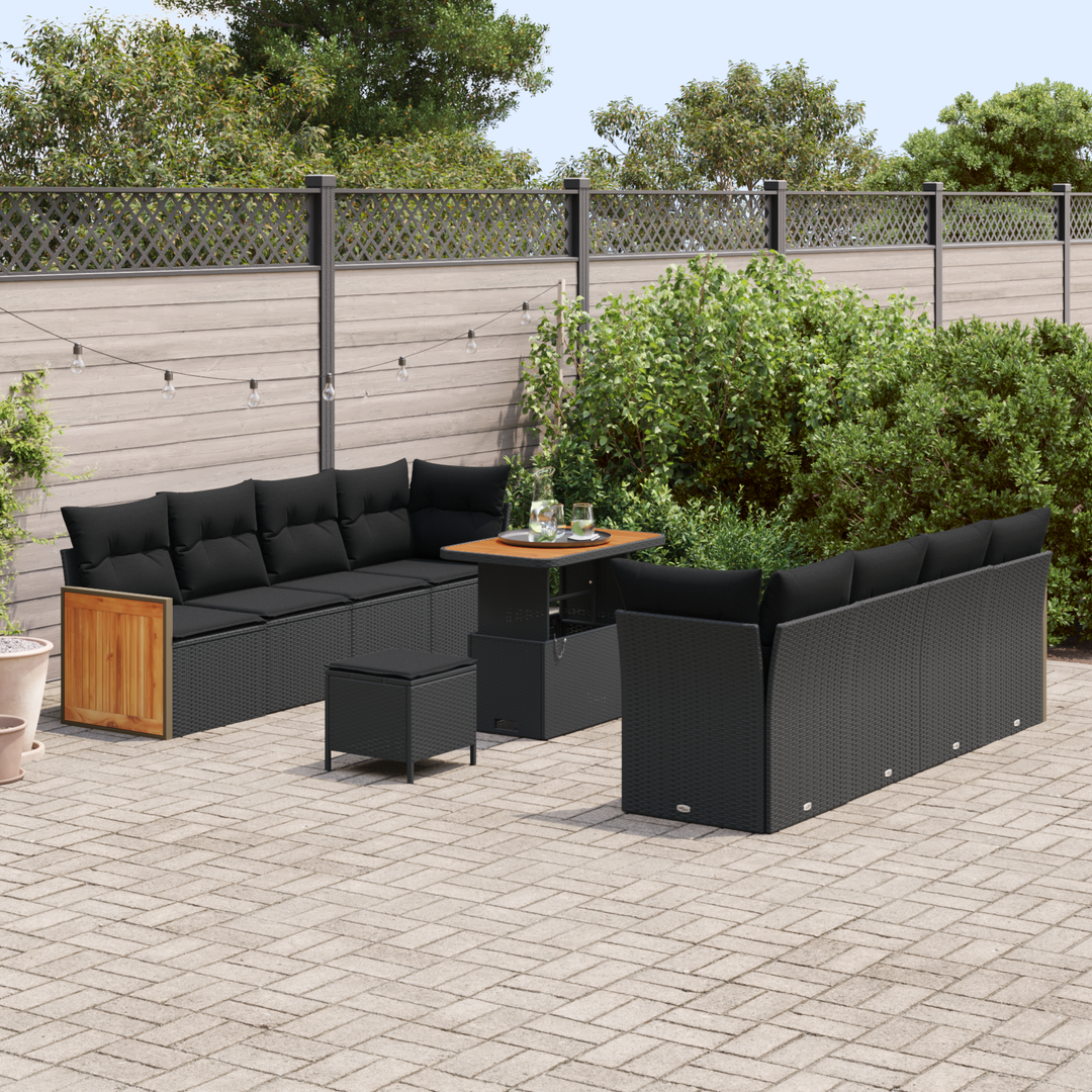 Havesofa Sæt 11 pcs Sort Poly Rattan og pulverlakeret stål