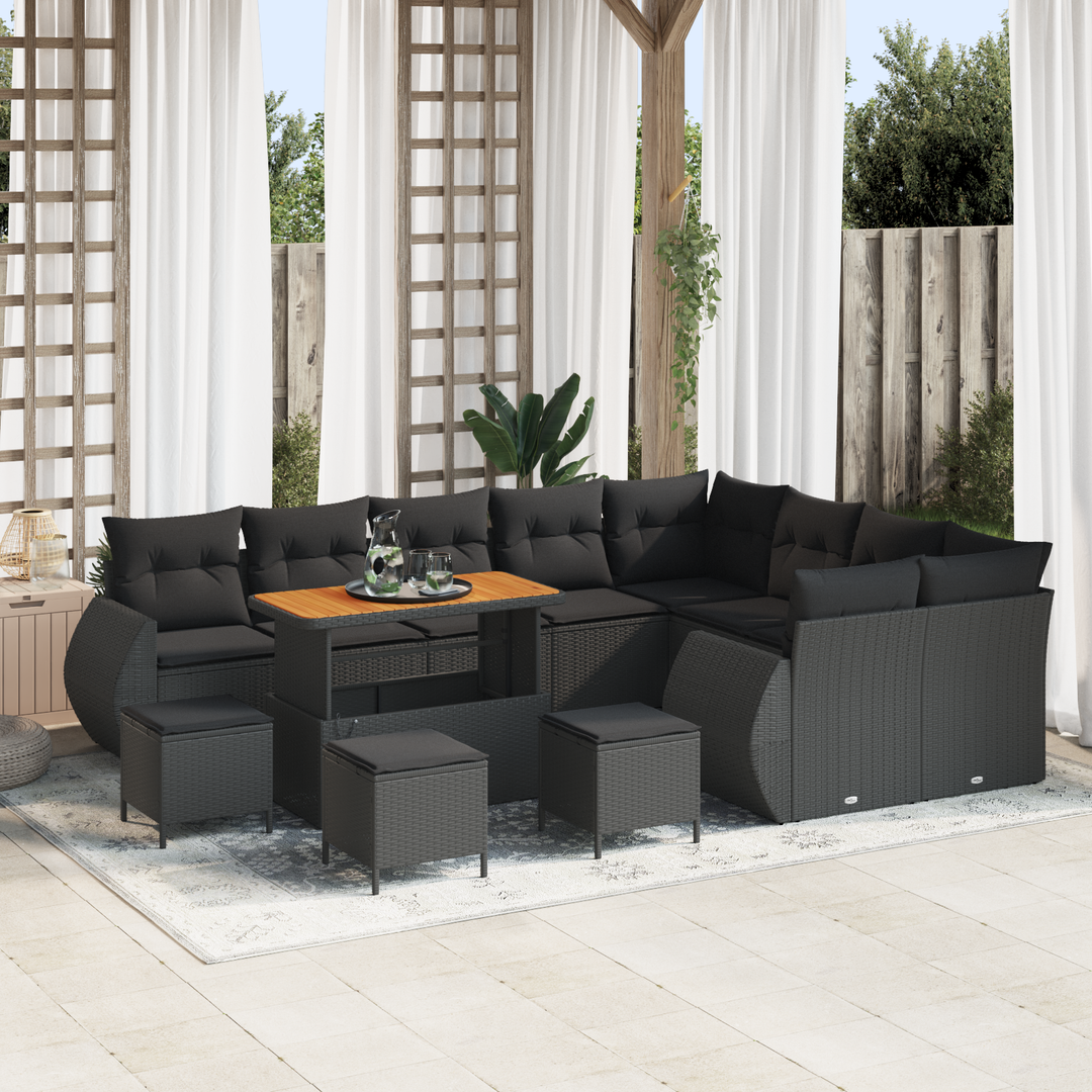 Havesofa Sæt med pude med opbevaring 13 pcs Sort Poly Rattan